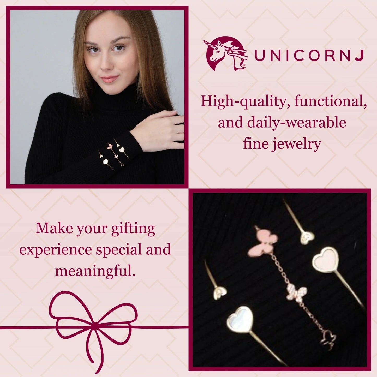 "Just For You" Set - 14K Yellow Gold Heart Leverback Bracelet, Earrings and Pendant Necklace Mother Of Pearl