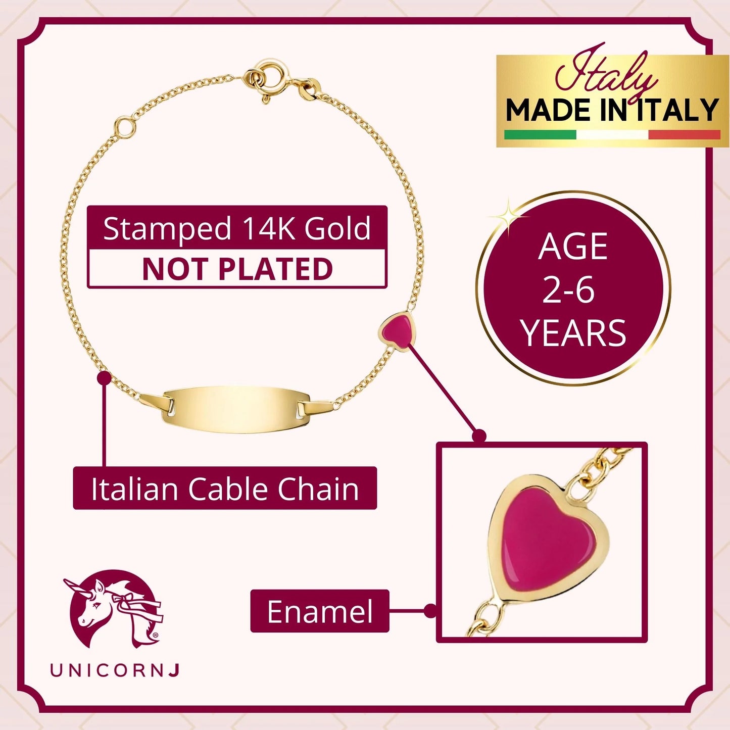 UNICORNJ 14k Yellow Gold Girls ID Bracelet Engravable With Enamel Charm For Girls Kids Toddler Baby Made In Italy 5.5"