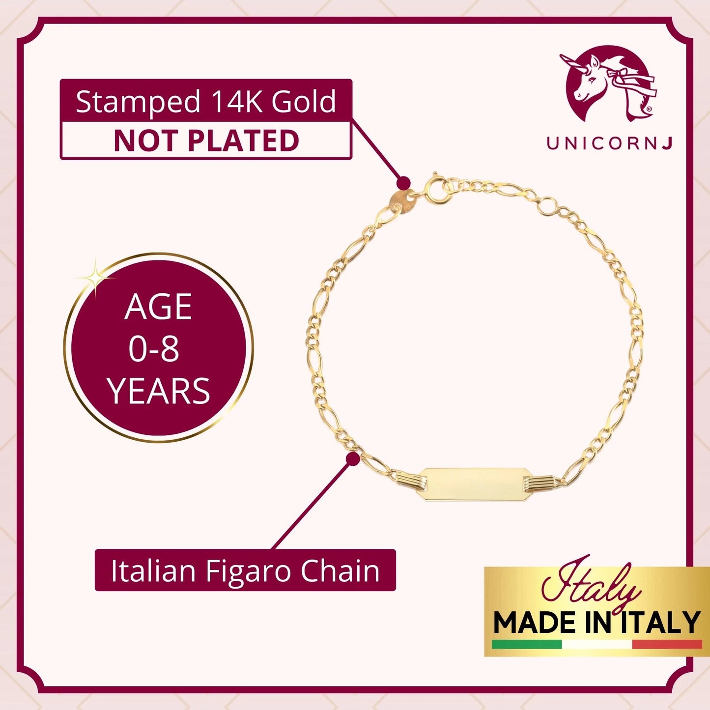 14k Solid Gold ID Bracelet With Figaro Chain For Children Personalized Engraved Name Plate Gift For Girls And Boys Made In Italy