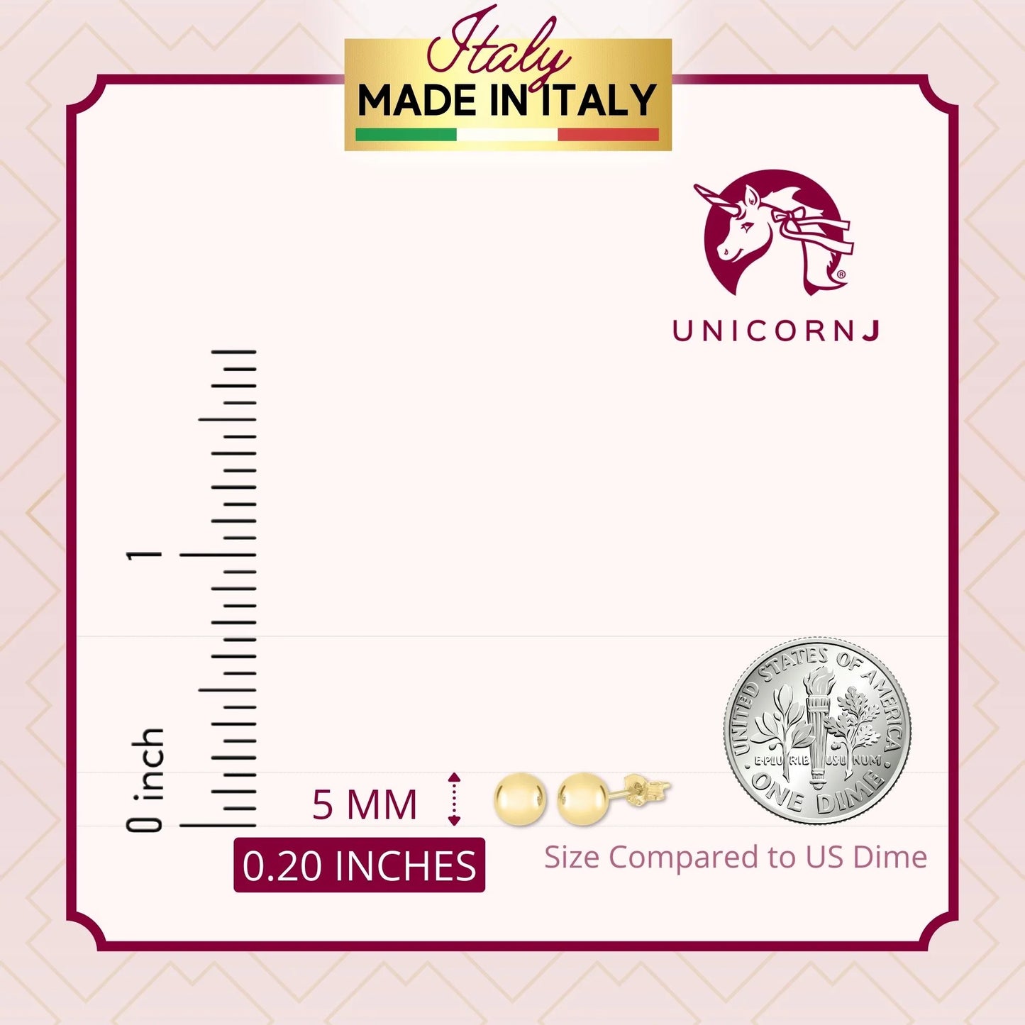 Ball Stud Earrings 14K Yellow Gold Polished Shiny Italy UNICORNJ 5mm