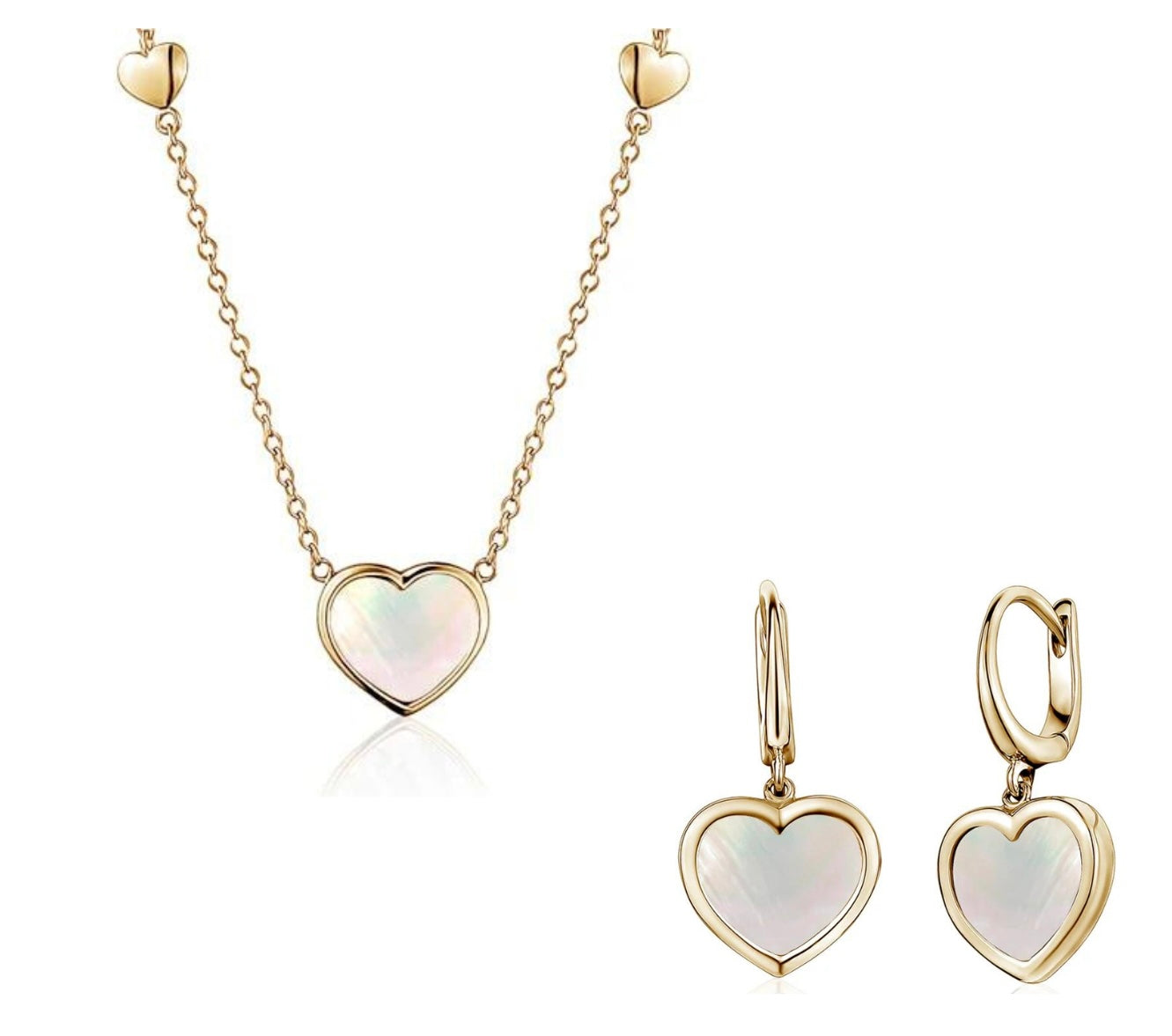 "Just For You" Set - 14K Yellow Gold Heart Leverback- Earrings and Pendant Necklace Mother Of Pearl
