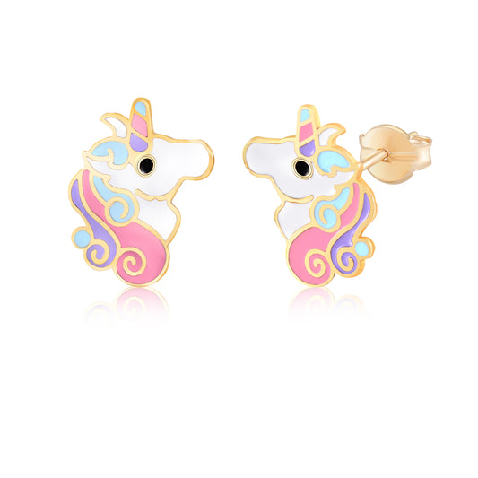 MASSETE 14k Yellow Gold Stud Earrings Unicorn Colorful Enamel For Children And Girls