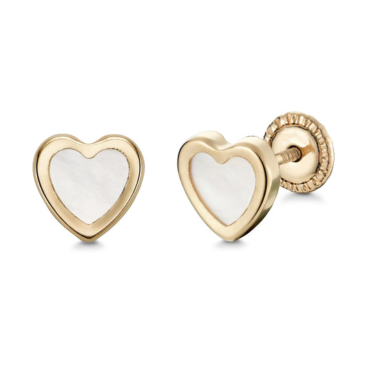 14k Yellow Gold Heart Stud Earrings With Mother Of Pearl - Covered Screwback Closure For Women And Girls