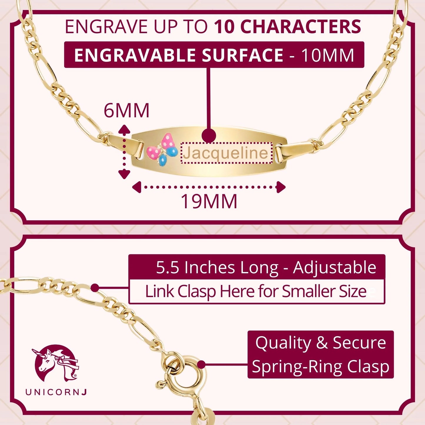 UNICORNJ 14k Yellow Gold Girls ID Bracelet Engravable With Pink And Blue Enamel Butterfly On ID Plate For Girls Kids Toddler Baby Figaro Chain 3+1 Links Made In Italy 5.5"