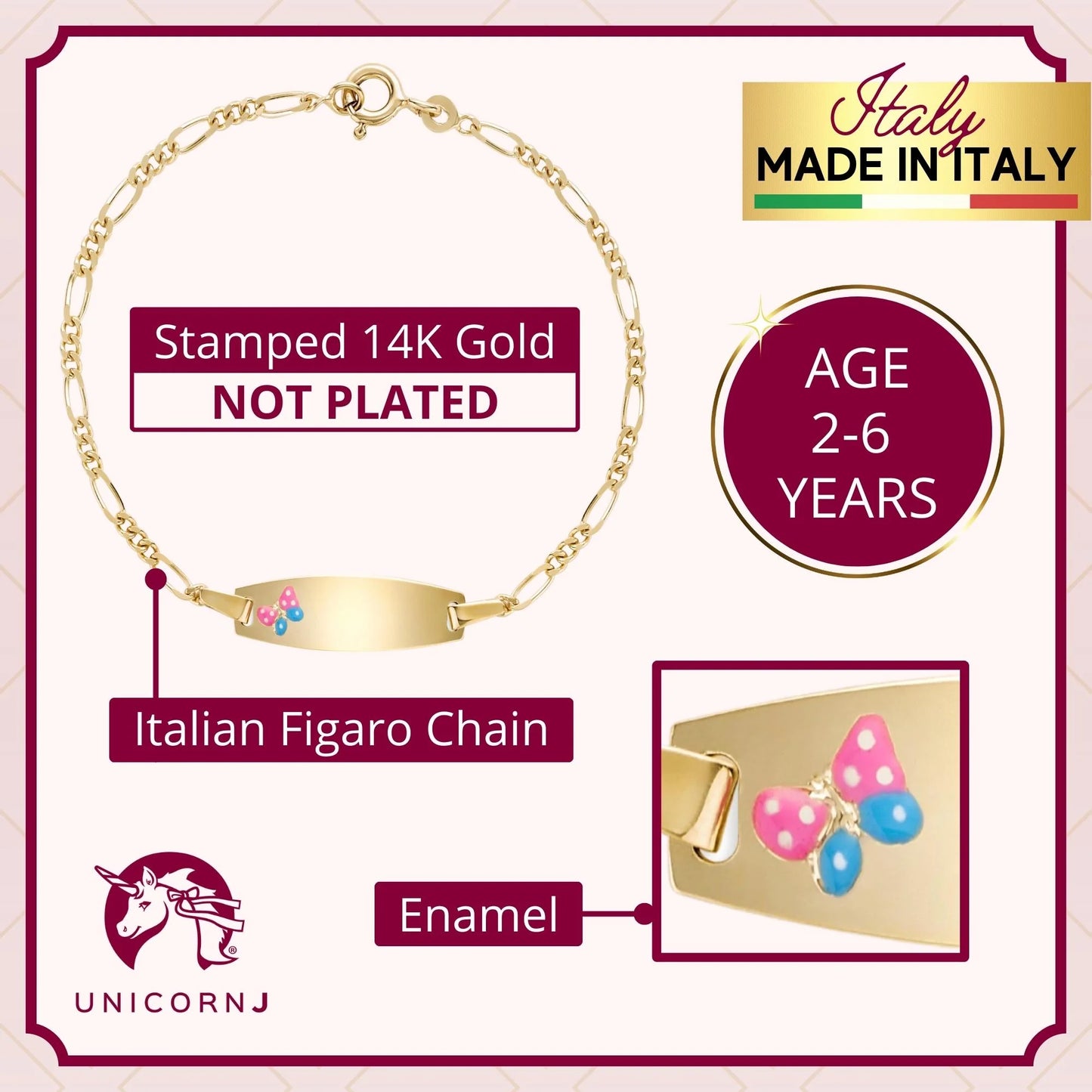 UNICORNJ 14k Yellow Gold Girls ID Bracelet Engravable With Pink And Blue Enamel Butterfly On ID Plate For Girls Kids Toddler Baby Figaro Chain 3+1 Links Made In Italy 5.5"