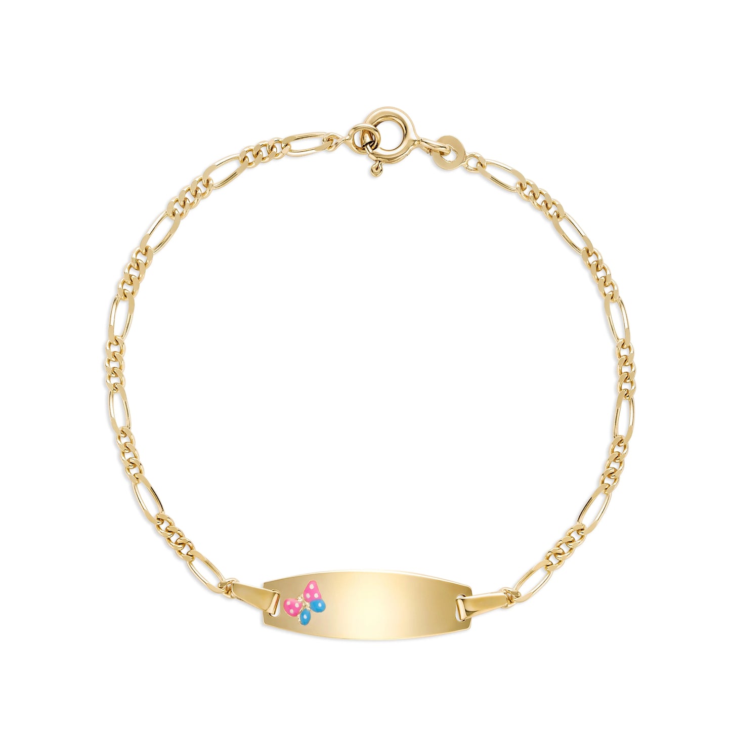 UNICORNJ 14k Yellow Gold Girls ID Bracelet Engravable With Pink And Blue Enamel Butterfly On ID Plate For Girls Kids Toddler Baby Figaro Chain 3+1 Links Made In Italy 5.5"