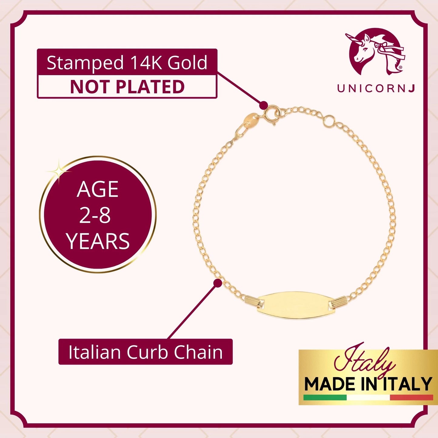 14k Gold ID Bracelet Engravable Girls Boys Kids Baby Curb Chain Made in Italy