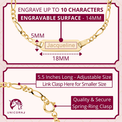 UNICORNJ Kids ID Bracelet 14K Yellow Gold For Boys Figaro Chain Car Italy 5.5" by Dal'lusso