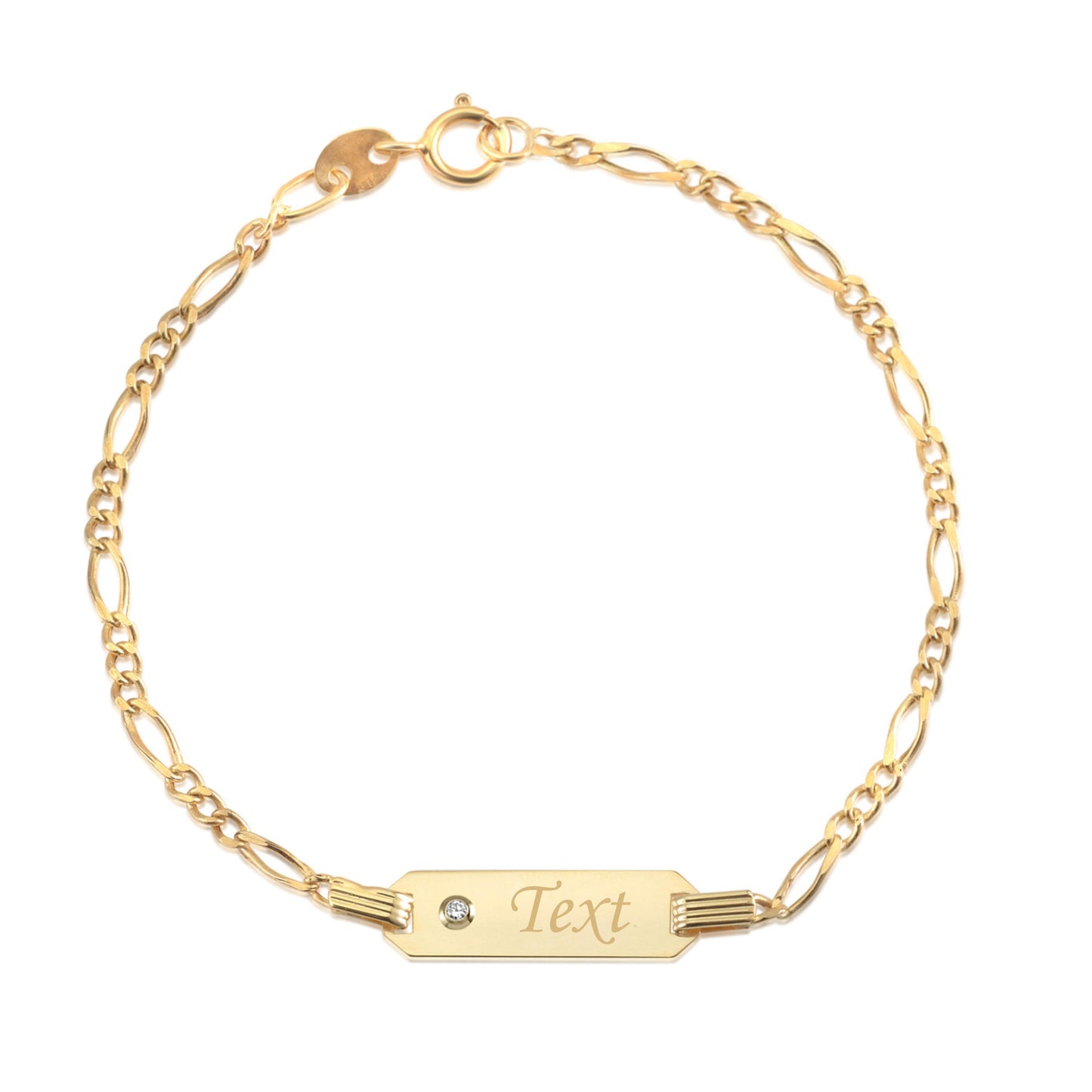 14K Yellow Gold ID Bracelet Figaro Chain Diamond Accent 0.01 ct 5.5" Italy for Boys and Girls