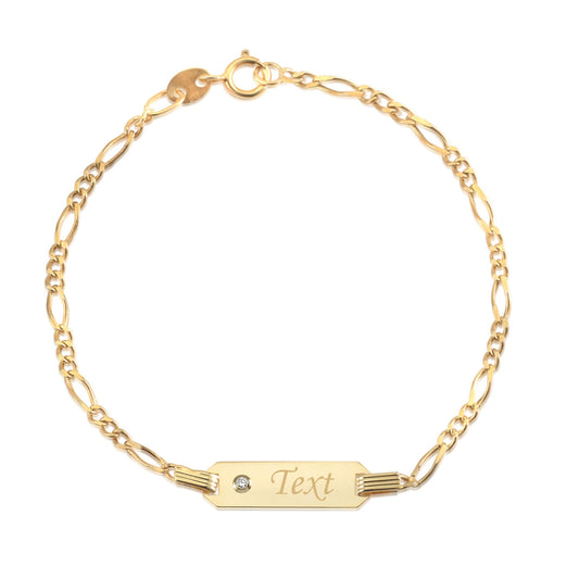 14K Yellow Gold ID Bracelet Figaro Chain Diamond Accent 0.01 ct 5.5" Italy for Boys and Girls