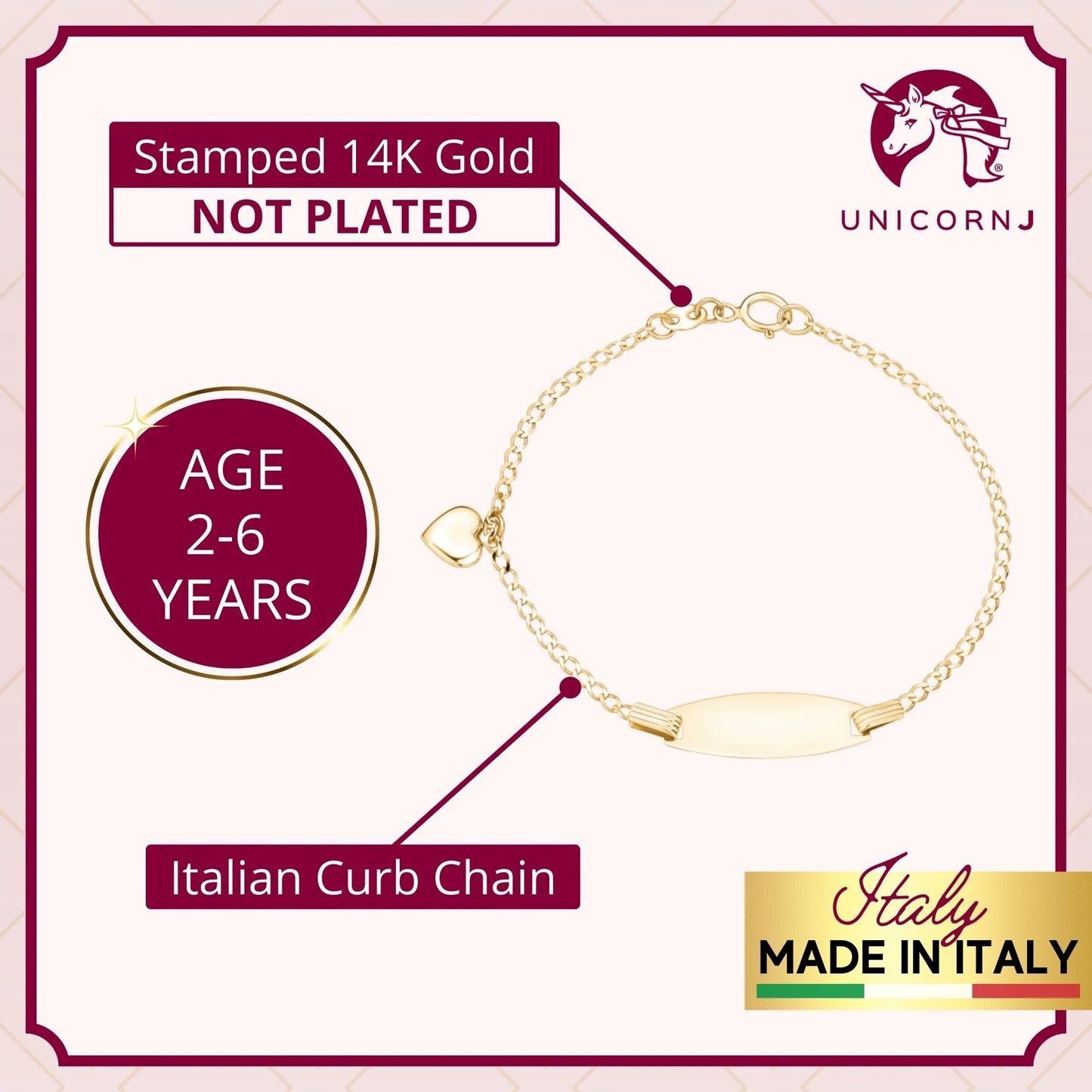 14k Gold ID Bracelet Engravable Girls Boys Kids Baby Gold Heart Charm Curb Chain Made In Italy