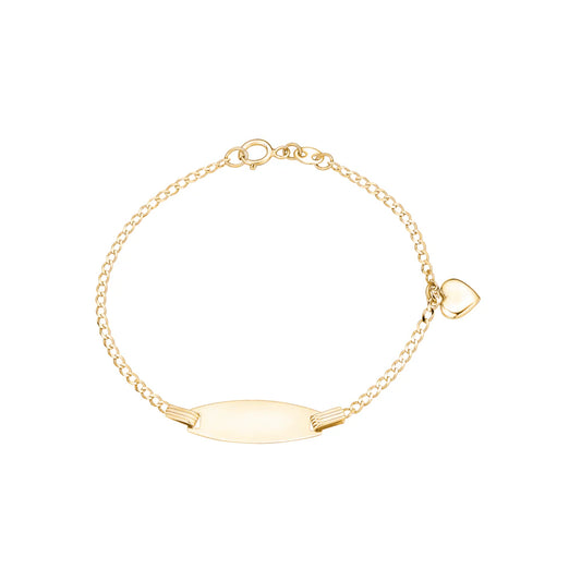 14k Gold ID Bracelet Engravable Girls Boys Kids Baby Gold Heart Charm Curb Chain Made In Italy