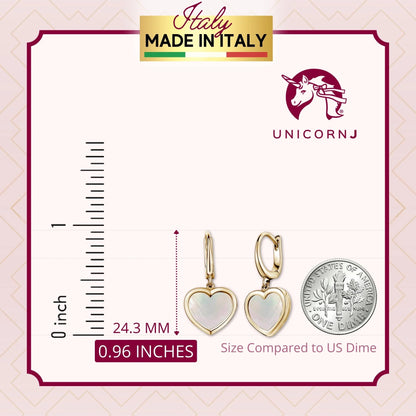 4K Yellow Gold Heart Leverback Earrings Mother Of Pearl Or Pink For Girls And Women Italy