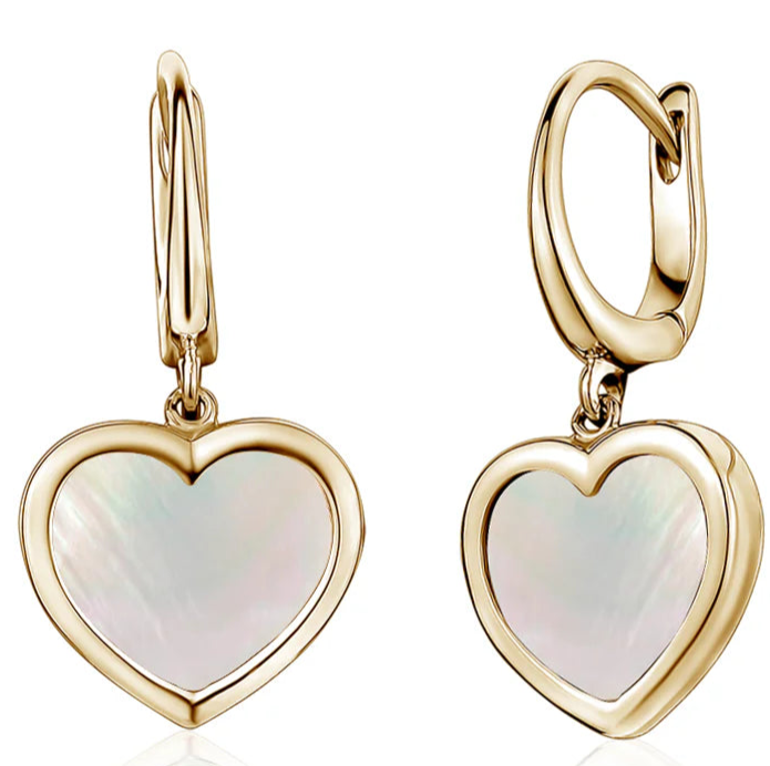 "Just For You" Set - 14K Yellow Gold Heart Leverback Bracelet, Earrings and Pendant Necklace Mother Of Pearl