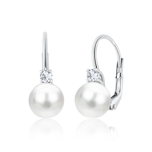 UNICORNJ 14K White Gold Freshwater Cultured Pearl Leverback Earrings With CZ Italy