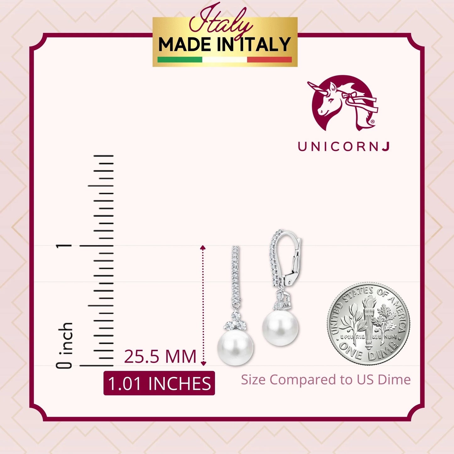 UNICORNJ 14K White Gold Freshwater Cultured Pearl Dangle Leverback Earrings With CZ Trillium Cluster Italy