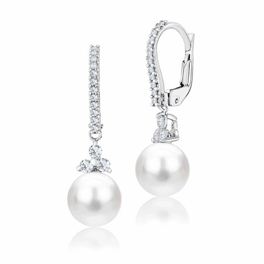 UNICORNJ 14K White Gold Freshwater Cultured Pearl Dangle Leverback Earrings With CZ Trillium Cluster Italy