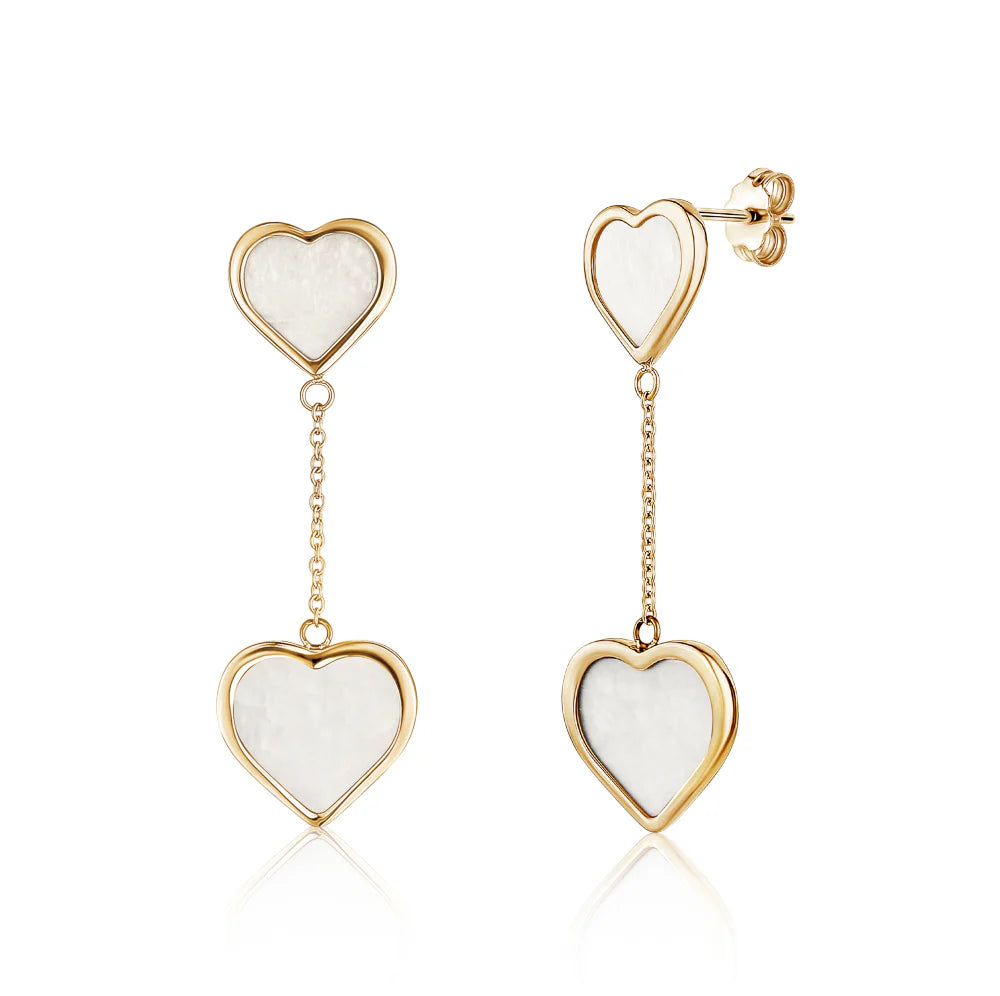 14K Yellow Gold Double Drop Heart Earrings With Mother Of Pearl - WHITE