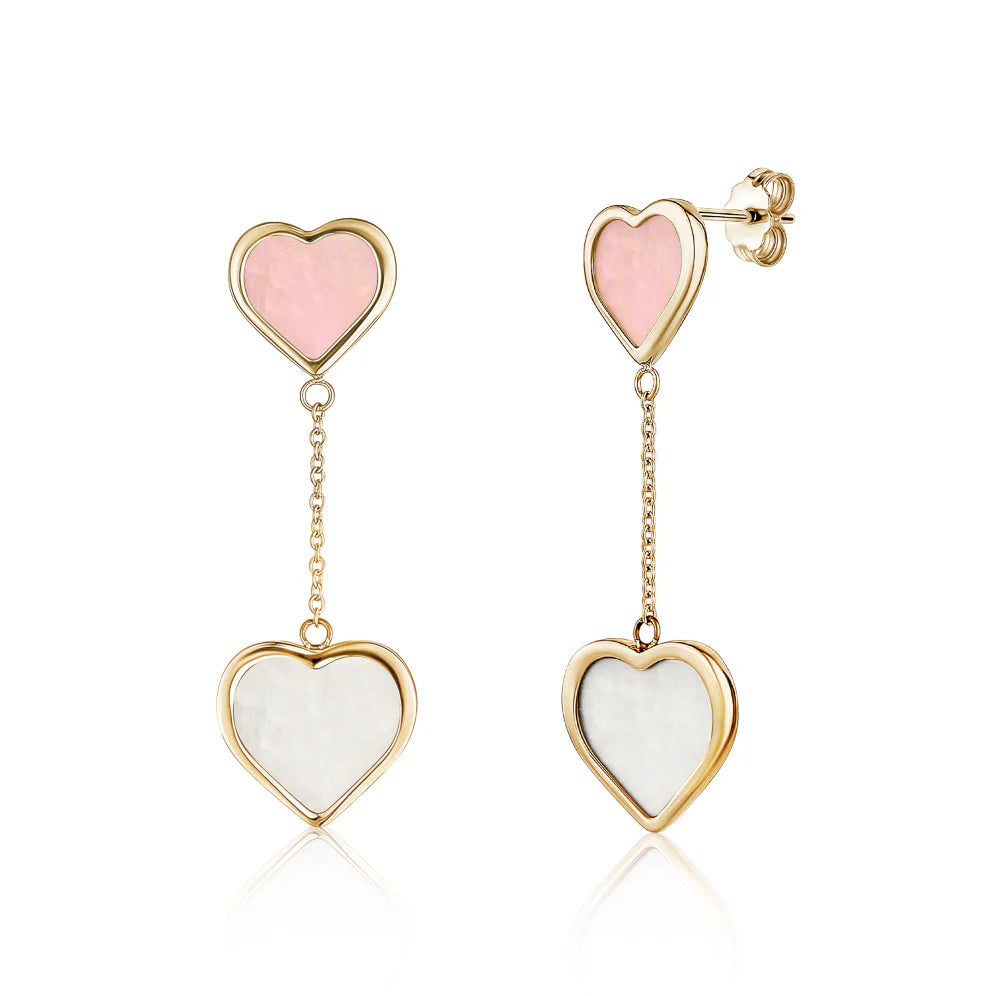 14K Yellow Gold Double Drop Heart Earrings With Mother Of Pearl - TOP PINk & BOTTOM WHITE