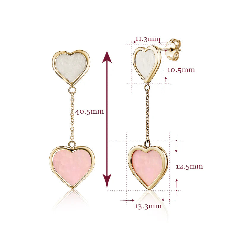 14K Yellow Gold Double Drop Heart Earrings With Mother Of Pearl - TOP PINk & BOTTOM WHITE