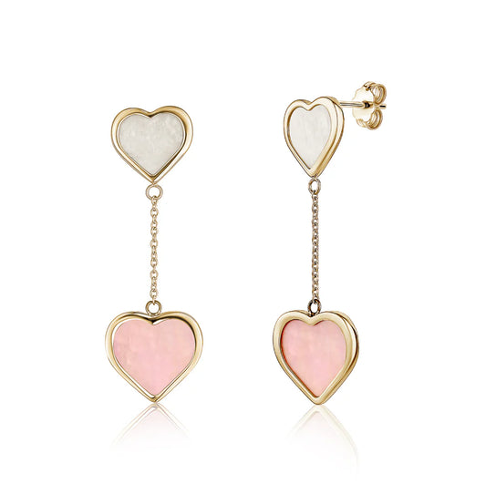 14K Yellow Gold Double Drop Heart Earrings With Mother Of Pearl - TOP WHITE & BOTTOM PINK