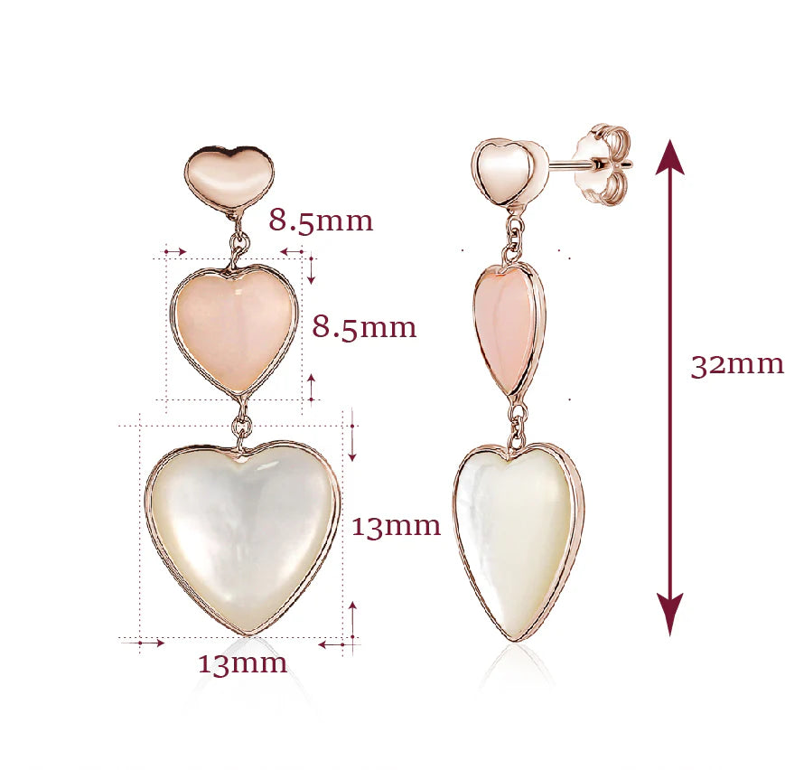 14K Rose Gold Earring Double Heart Drop Dangle Heart Shape Cabochon Pink Opal And Mother Of Pearl Italy