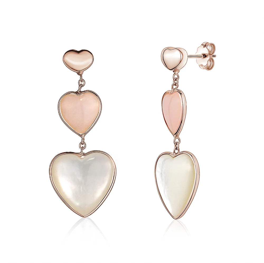 14K Rose Gold Earring Double Heart Drop Dangle Heart Shape Cabochon Pink Opal And Mother Of Pearl Italy