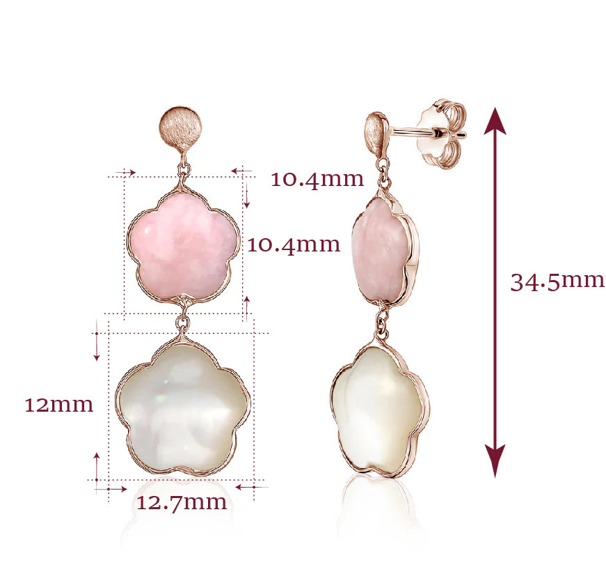 14K Rose Gold Earring Double Flower Drop Dangle Flower Shape Cabochon Pink Opal And Mother Of Pearl Italy