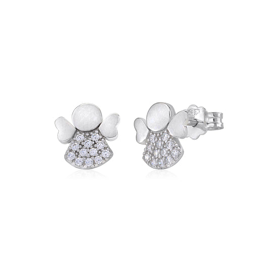 UNICORNJ 14K White Gold Large Guardian Angel Post Stud Earrings With CZ's And Heart Shaped Wings Italy