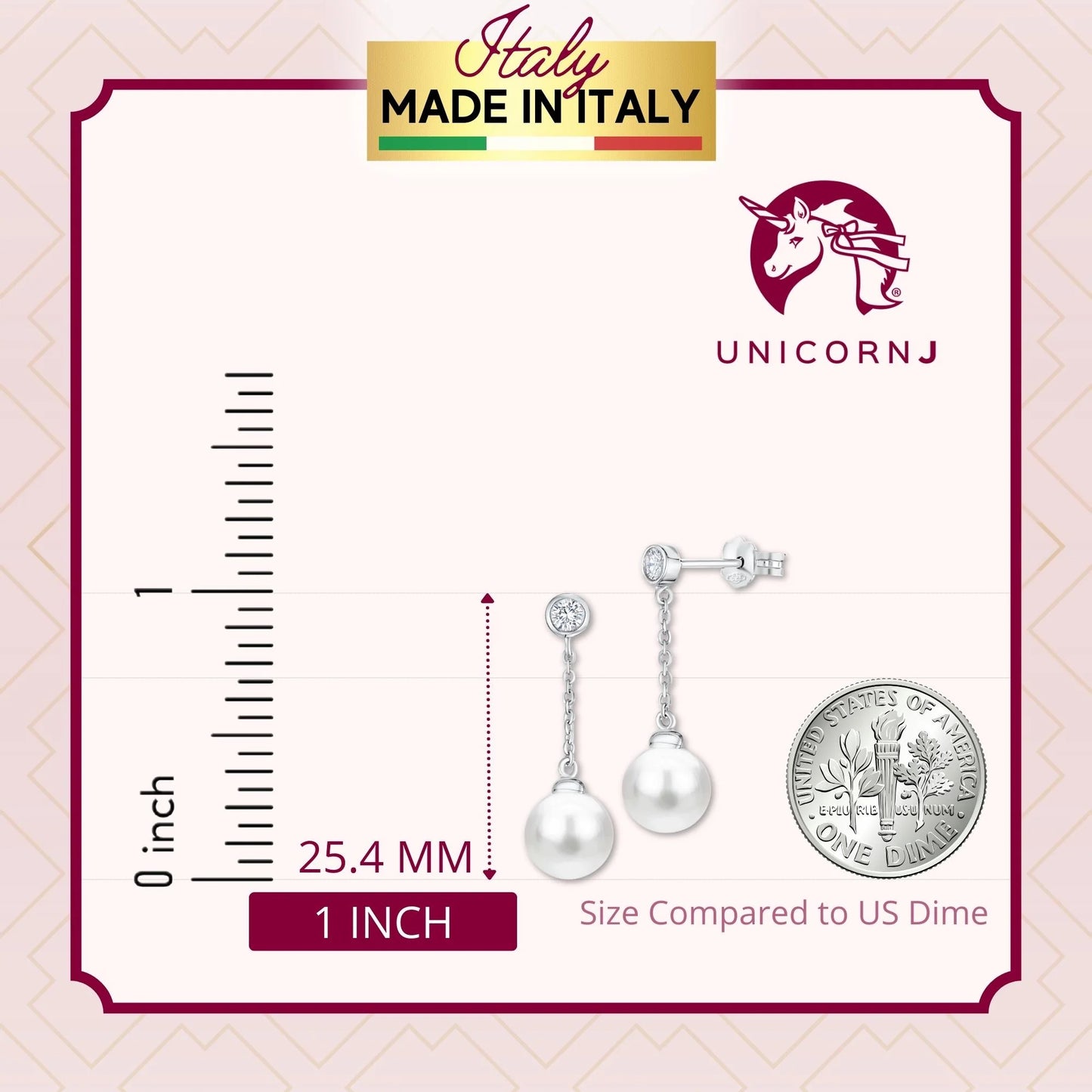 UNICORNJ 14K White Gold Freshwater Cultured Pearl Drop Dangle Earrings With Bezel Set Simulated Diamond CZ 7.5mm Italy