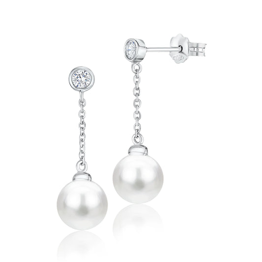 UNICORNJ 14K White Gold Freshwater Cultured Pearl Drop Dangle Earrings With Bezel Set Simulated Diamond CZ 7.5mm Italy