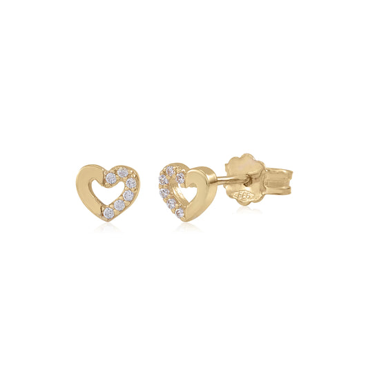 UNICORNJ 14K Yellow Gold Children's Kids Baby Tiny Heart Post Earrings Half Polished Half CZ's Italy