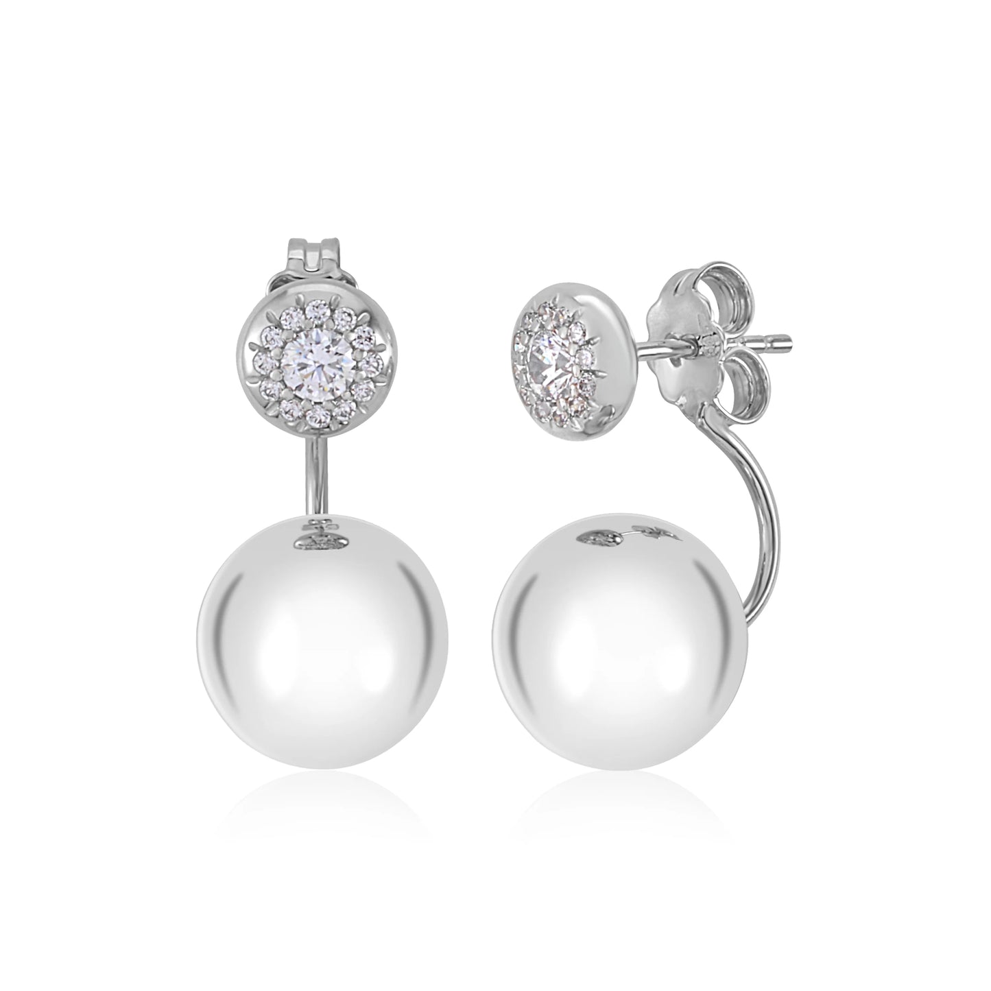 14K White Gold Front Back Ear Jacket Post Earrings Interchangable Simulated Diamonds And Ball 10MM