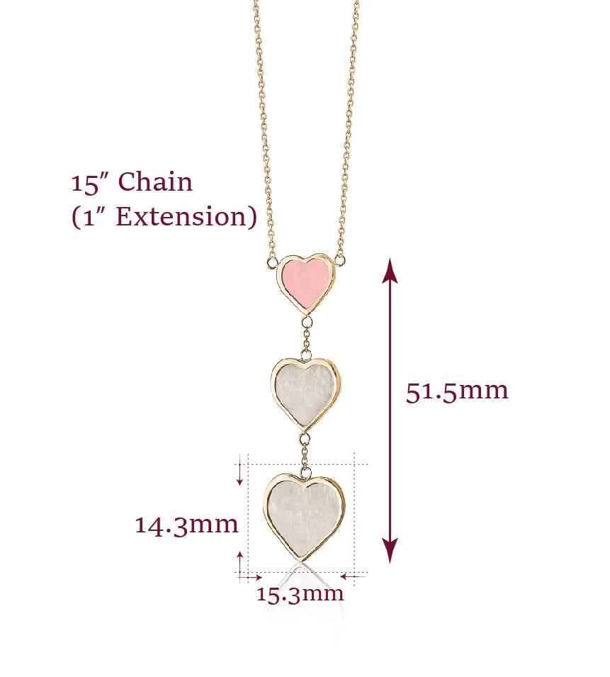 14K Yellow Gold Triple Drop Heart Necklace With Mother Of Pearl