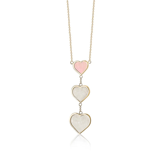 14K Yellow Gold Triple Drop Heart Necklace With Mother Of Pearl