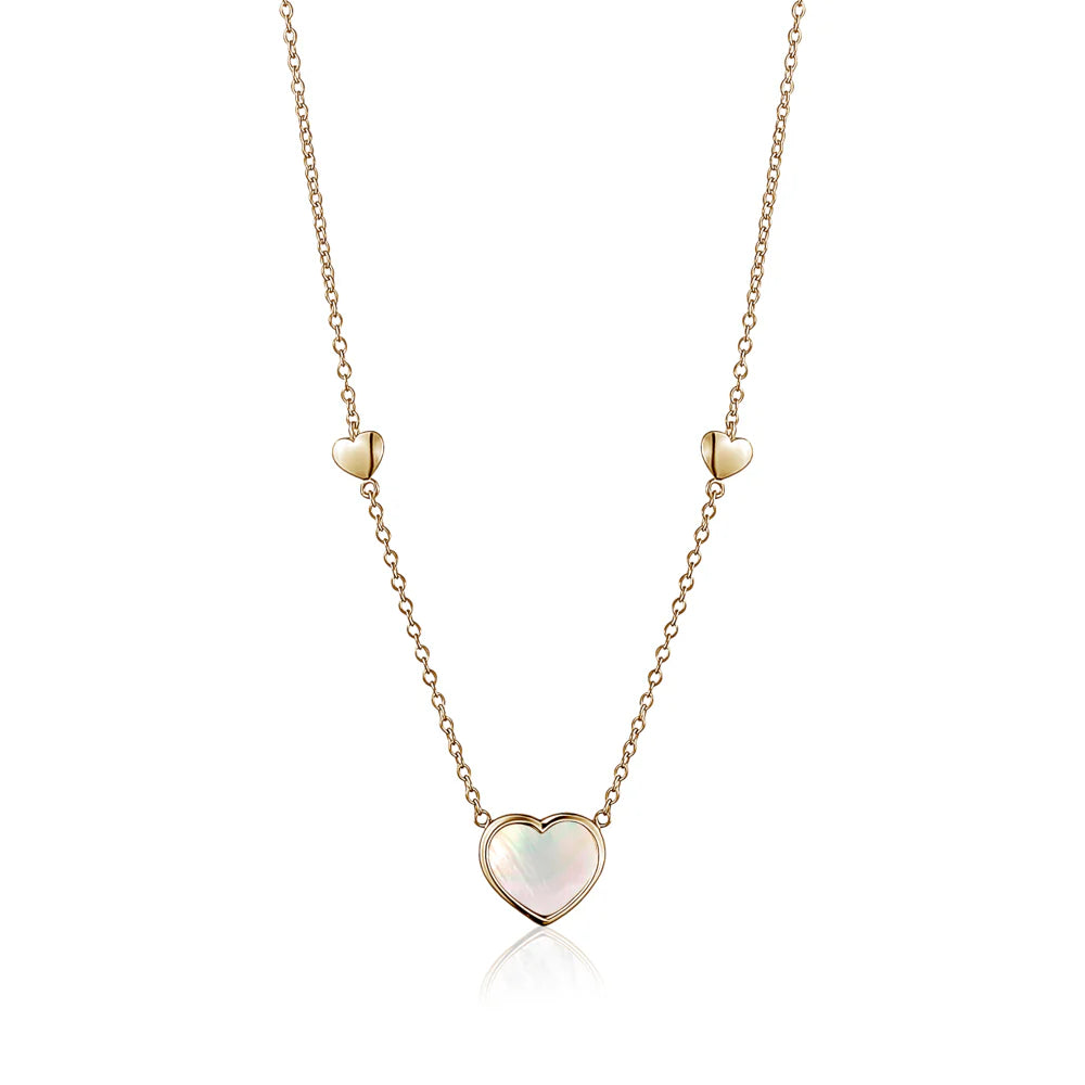 "Just For You" Set - 14K Yellow Gold Heart Leverback Bracelet, Earrings and Pendant Necklace Mother Of Pearl