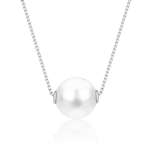 14K White Gold Necklace Pendant with Floating Freshwater Cultured Pearl 15.5"