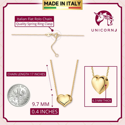 Floating Puff Heart Pendant Necklace 14K Yellow Gold On Box Chain Italy UNICORNJ 16"