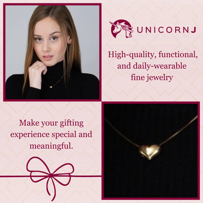 Floating Puff Heart Pendant Necklace 14K Yellow Gold On Box Chain Italy UNICORNJ 16"