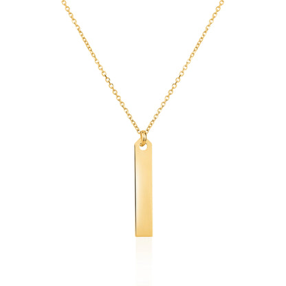 14K Yellow Gold Engravable Personalized Vertical Bar Pendant Necklace Polished Shiny On Cable Chain Italy
