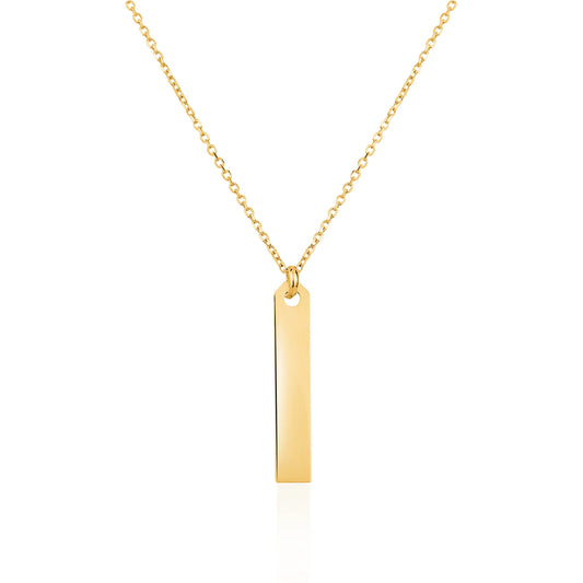 14K Yellow Gold Engravable Personalized Vertical Bar Pendant Necklace Polished Shiny On Cable Chain Italy