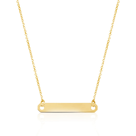 14K Yellow Gold Engravable Personalized Horizontal Bar Pendant Necklace Polished Shiny On Cable Chain Italy