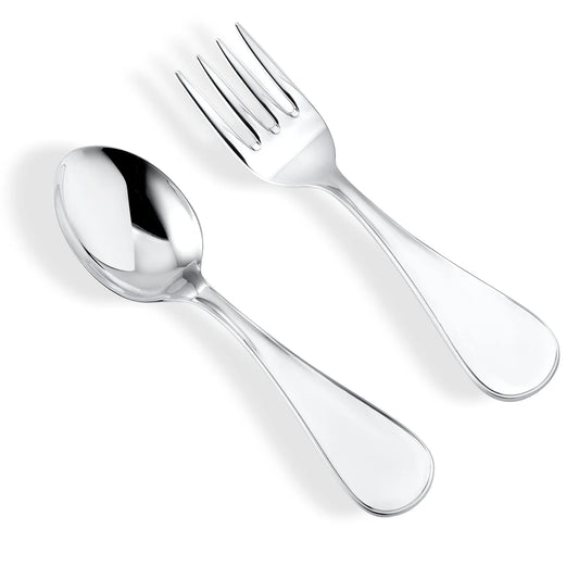 Sterling Silver Baby Spoon And Fork Set Personalized Engravable Keepsake Gift | Plain Modern Design