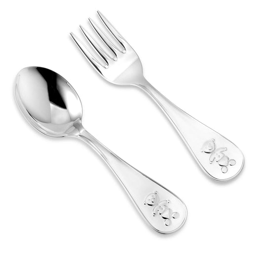 Sterling Silver Baby Spoon And Fork Set Personalized Engravable Keepsake | Teddy Bear Design