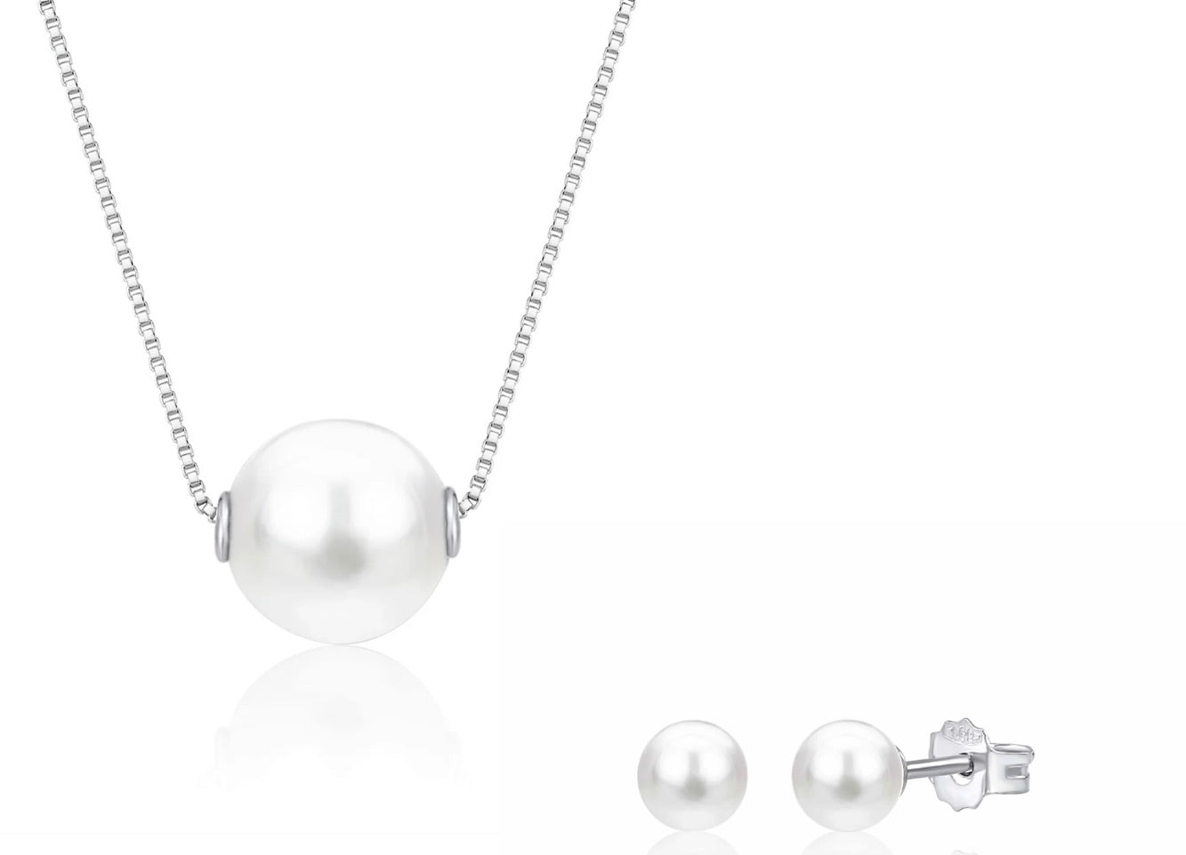 " Beautiful Pearls" 14K White Gold Necklace Pendant with Floating Freshwater Cultured Pearl 1 5.5" & White Gold Freshwater Cultured Pearl Post Stud Earrings 7 mm Italy