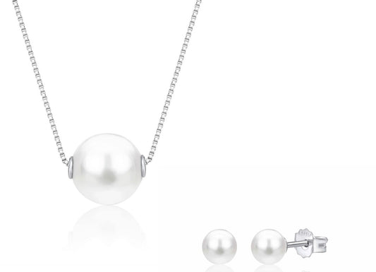 " Beautiful Pearls" 14K White Gold Necklace Pendant with Floating Freshwater Cultured Pearl 1 5.5" & White Gold Freshwater Cultured Pearl Post Stud Earrings 7 mm Italy