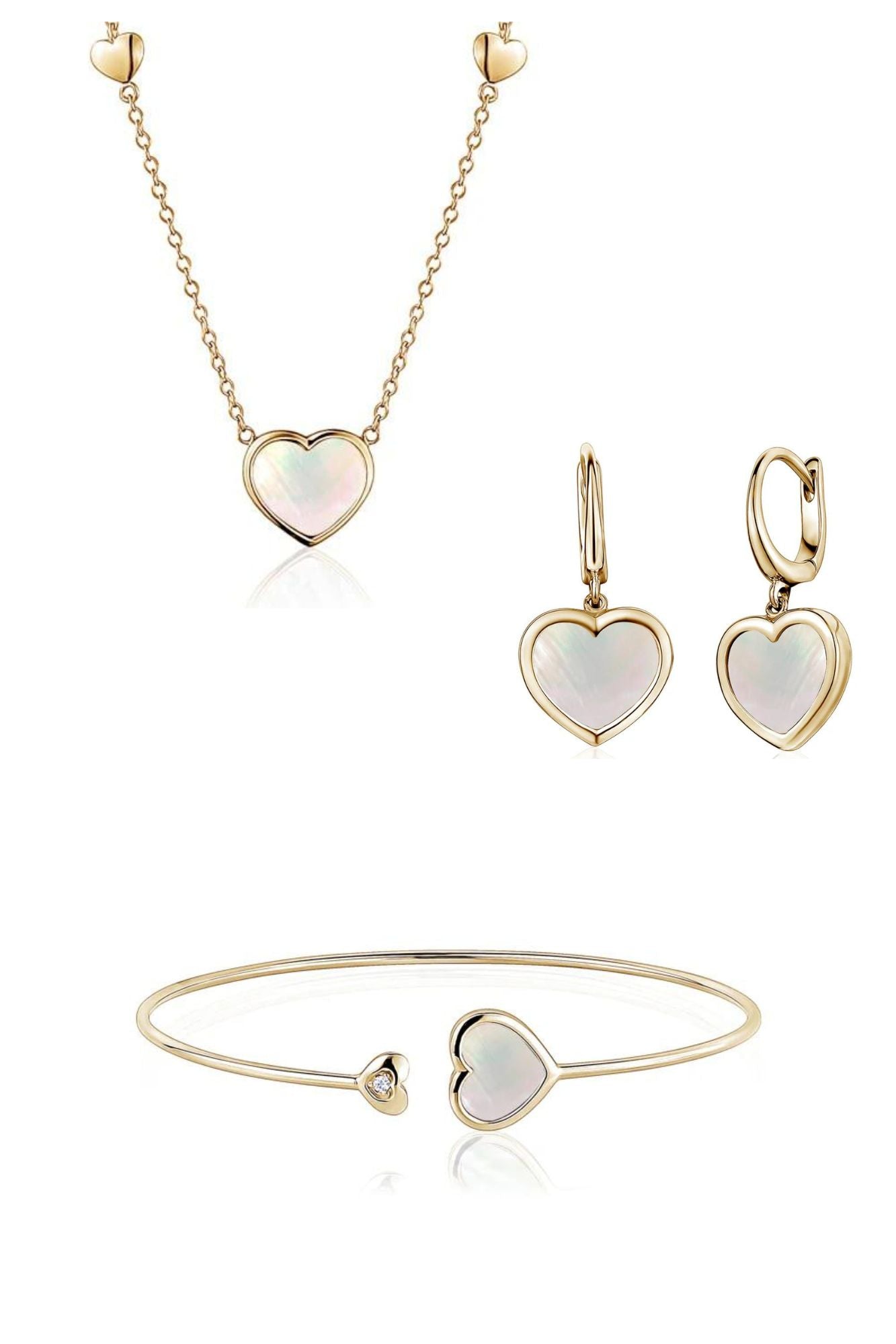 "Just For You" Set - 14K Yellow Gold Heart Leverback Bracelet, Earrings and Pendant Necklace Mother Of Pearl